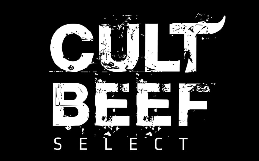 Das CULT BEEF Logo weiß auf schwarz.